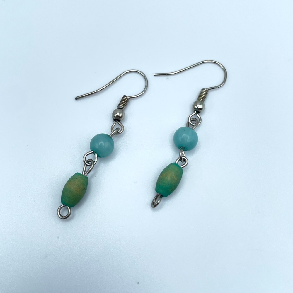 Vintage Silver-Tone Handmade Green Aqua Beaded Dangle French Hook Earrings